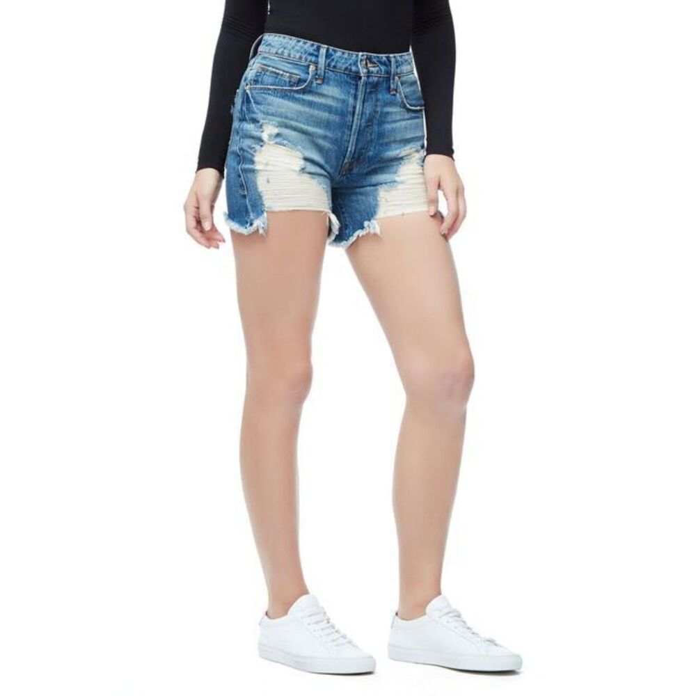 GOOD AMERICAN Jean Shorts Womens Size 00 24 Blue Medium Wash Destroyed BOMBSHELL